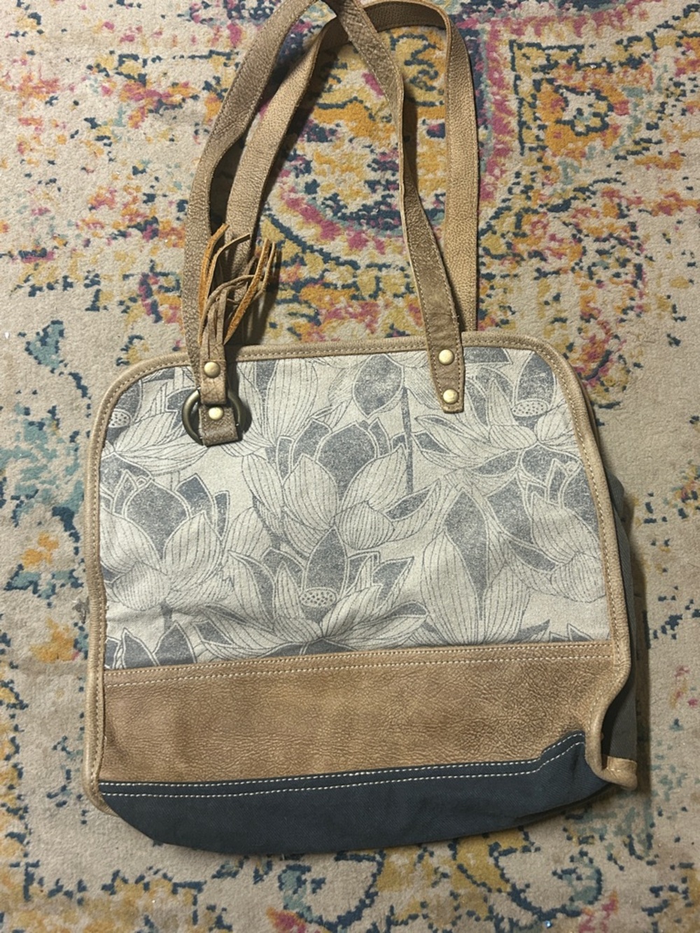 Floral Canvas Tote Bag with Tan &‎ Blue Accents - Myra Bag